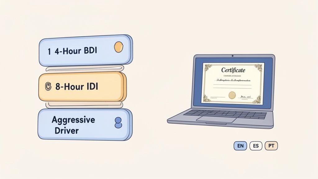 Stack of driver education course options next to a laptop displaying a certificate and language buttons.