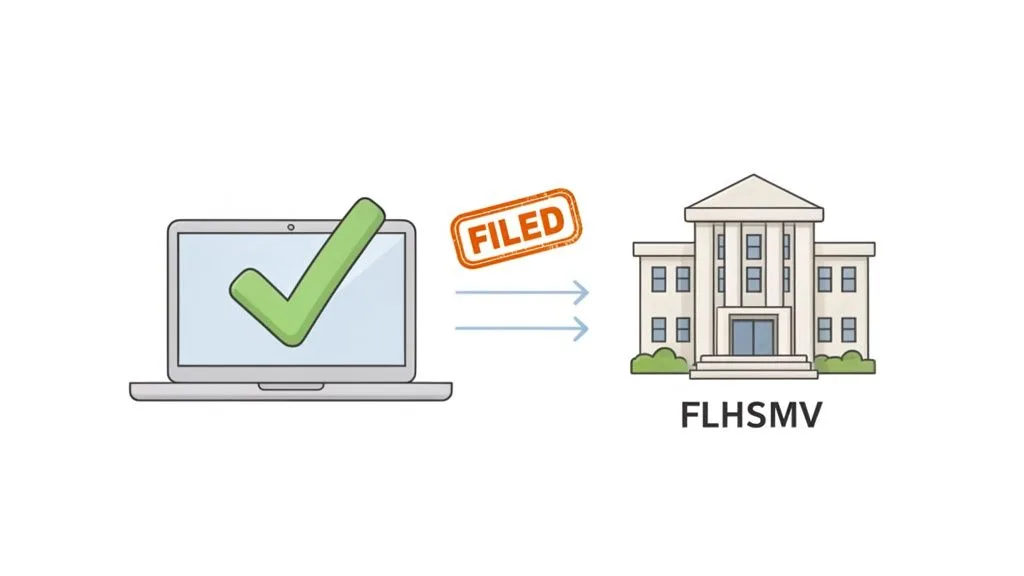 A laptop with a green checkmark indicates a successful electronic filing to the FLHSMV building.