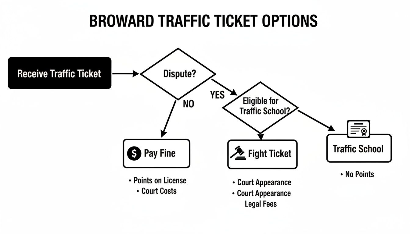 Flowchart illustrating Broward traffic ticket options: dispute, pay fine, fight ticket, or attend traffic school.