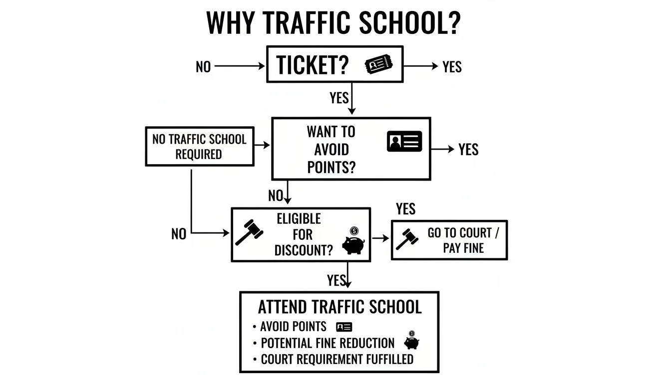 Flowchart detailing the decision process for attending traffic school after receiving a ticket.