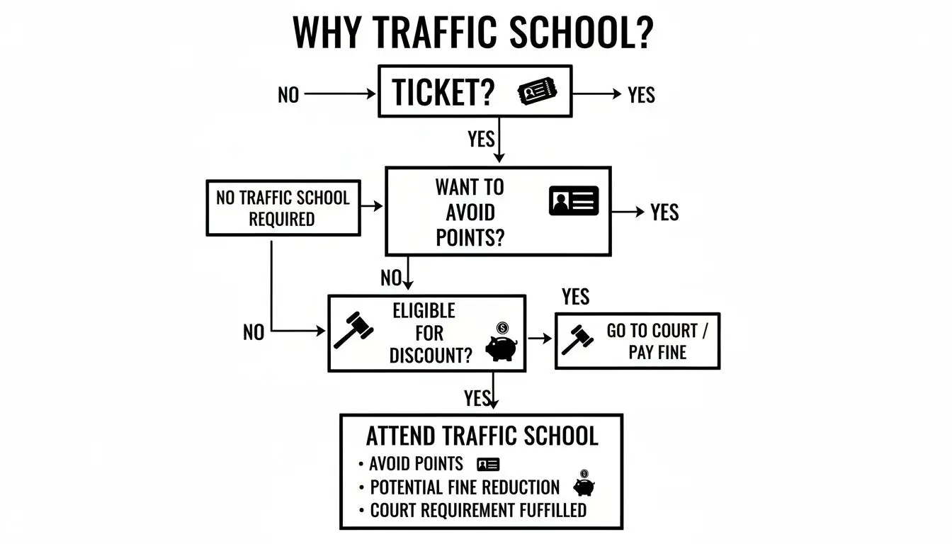 Flowchart detailing the decision process for attending traffic school after receiving a ticket.