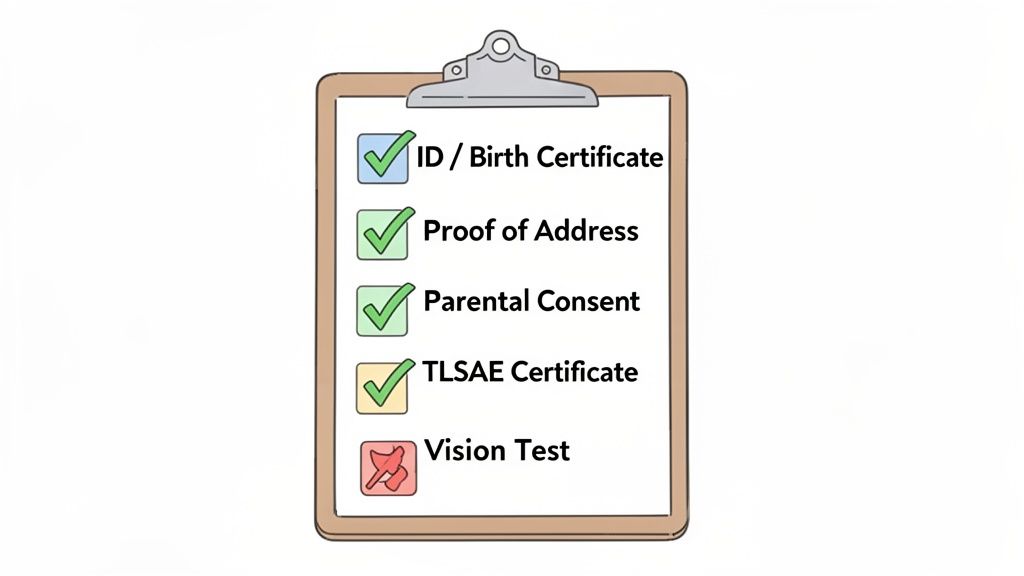 A visual checklist on a clipboard for permit requirements, showing four items complete and one incomplete.