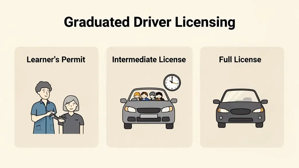 Illustrative diagram showing the three stages of graduated driver licensing: Learner's Permit, Intermediate, and Full License.