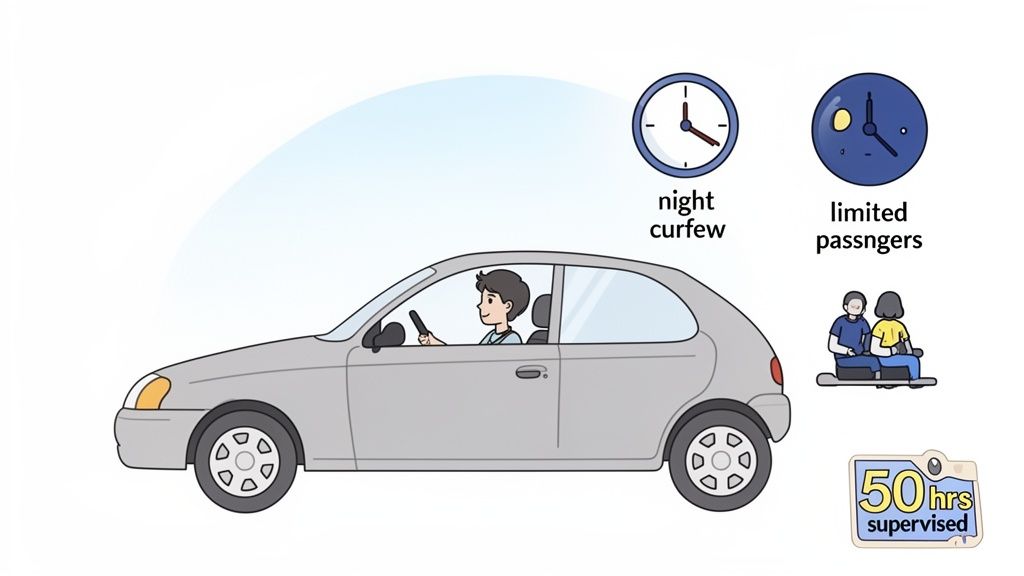 Cartoon image of a new driver in a car, with icons showing night curfew, limited passengers, and 50 supervised driving hours.