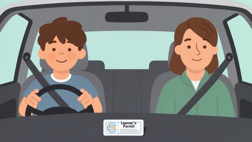 A young boy with a learner's permit drives a car, supervised by an adult woman.