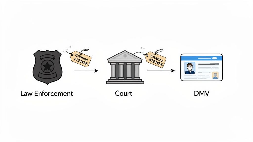 Diagram illustrating the citation process from law enforcement to court and ultimately the DMV.