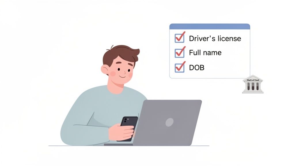 A person uses a laptop and phone to verify identity, checking driver's license, name, and DOB for a court clerk.