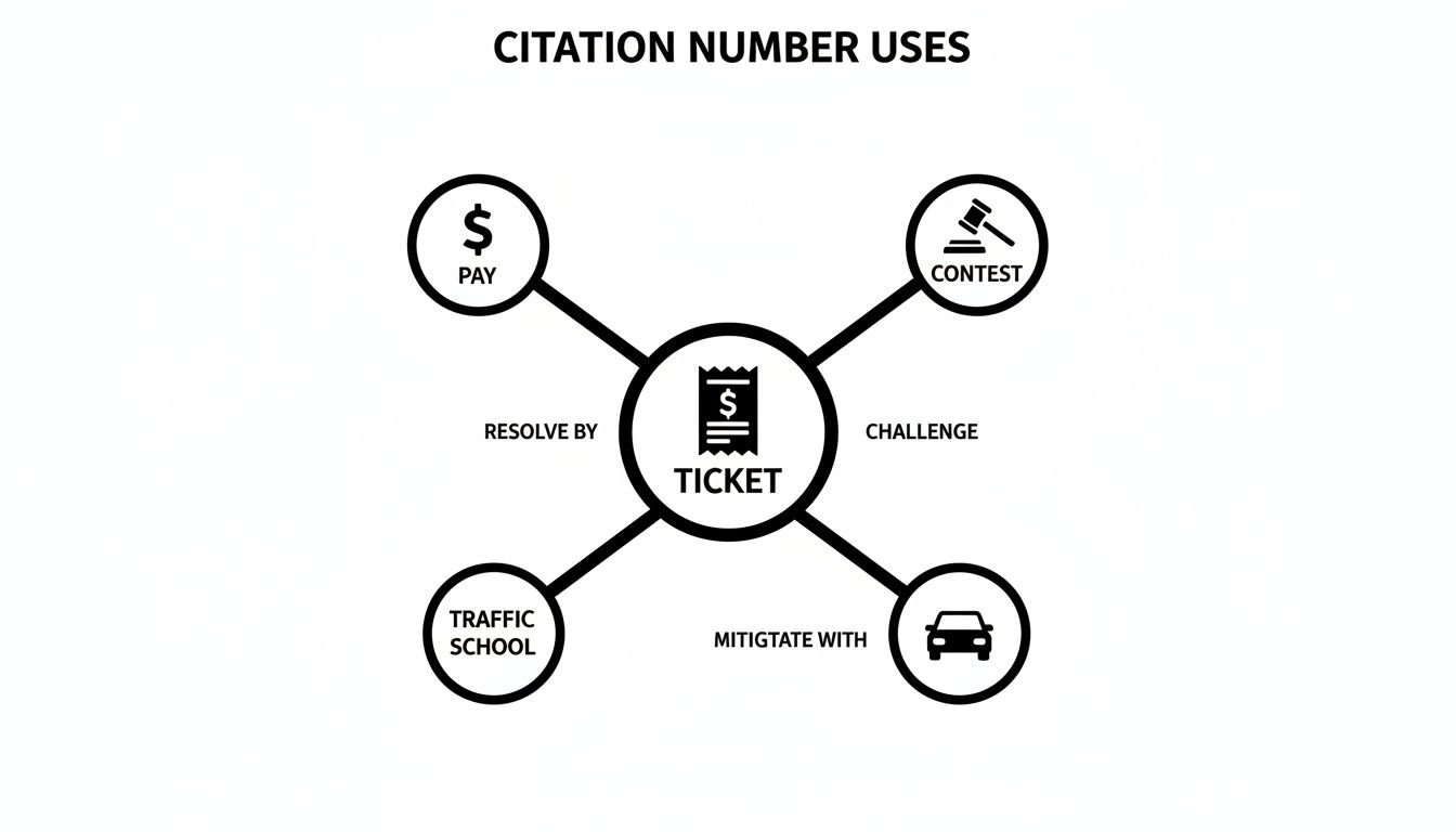 A mind map illustrating the uses of a citation number on a ticket, showing options like pay, contest, traffic school, and mitigation.