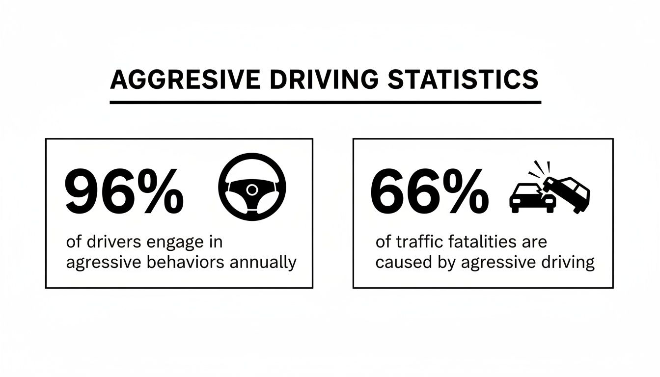 Infographic displaying aggressive driving statistics: 96% of drivers engage annually, 66% of traffic fatalities caused.