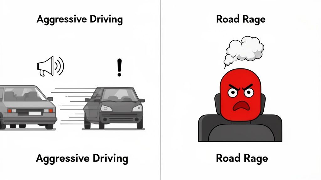 A graphic illustrating the difference between aggressive driving with honking cars and road rage with an angry driver.