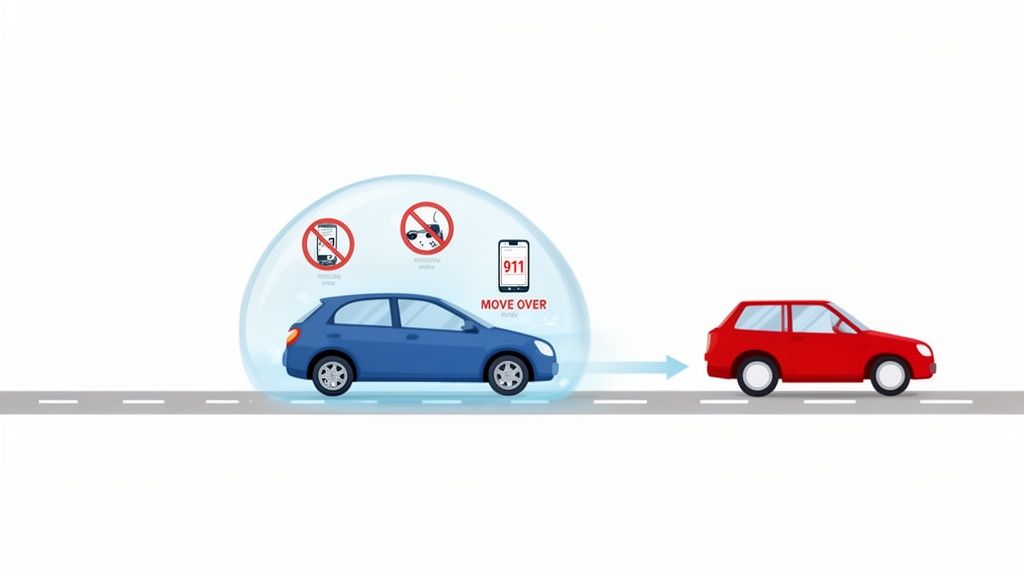 A blue car illustrating safe driving practices with signs against phone use and reckless behavior, following a red car.