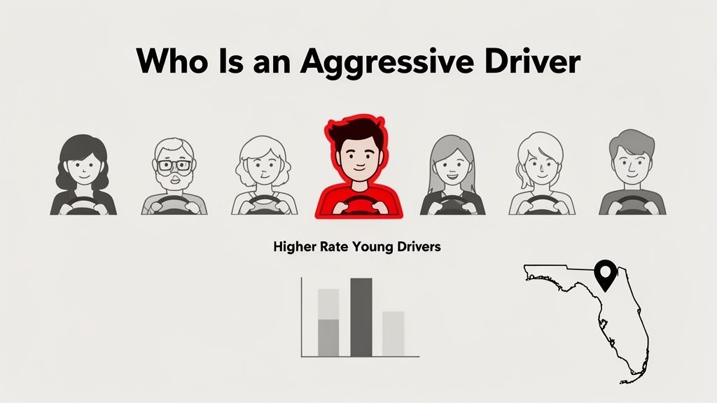 Infographic asking 'Who is an Aggressive Driver', highlighting young drivers with a bar graph and Florida map.
