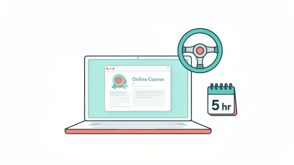 Laptop displaying an online driving course with a steering wheel icon and a calendar showing 4 hours.