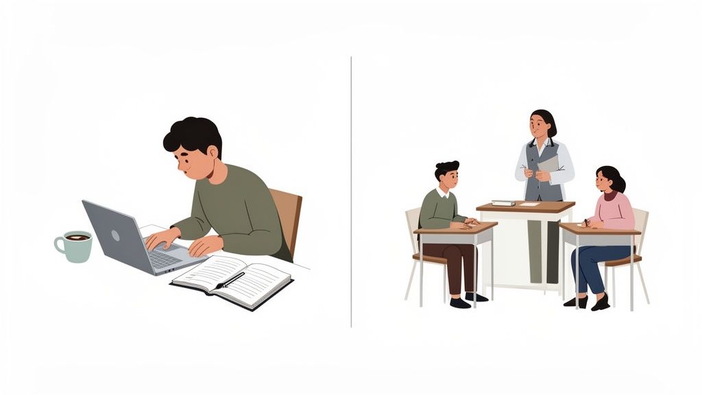 An illustration showing a man studying online and a teacher instructing two students in a classroom.