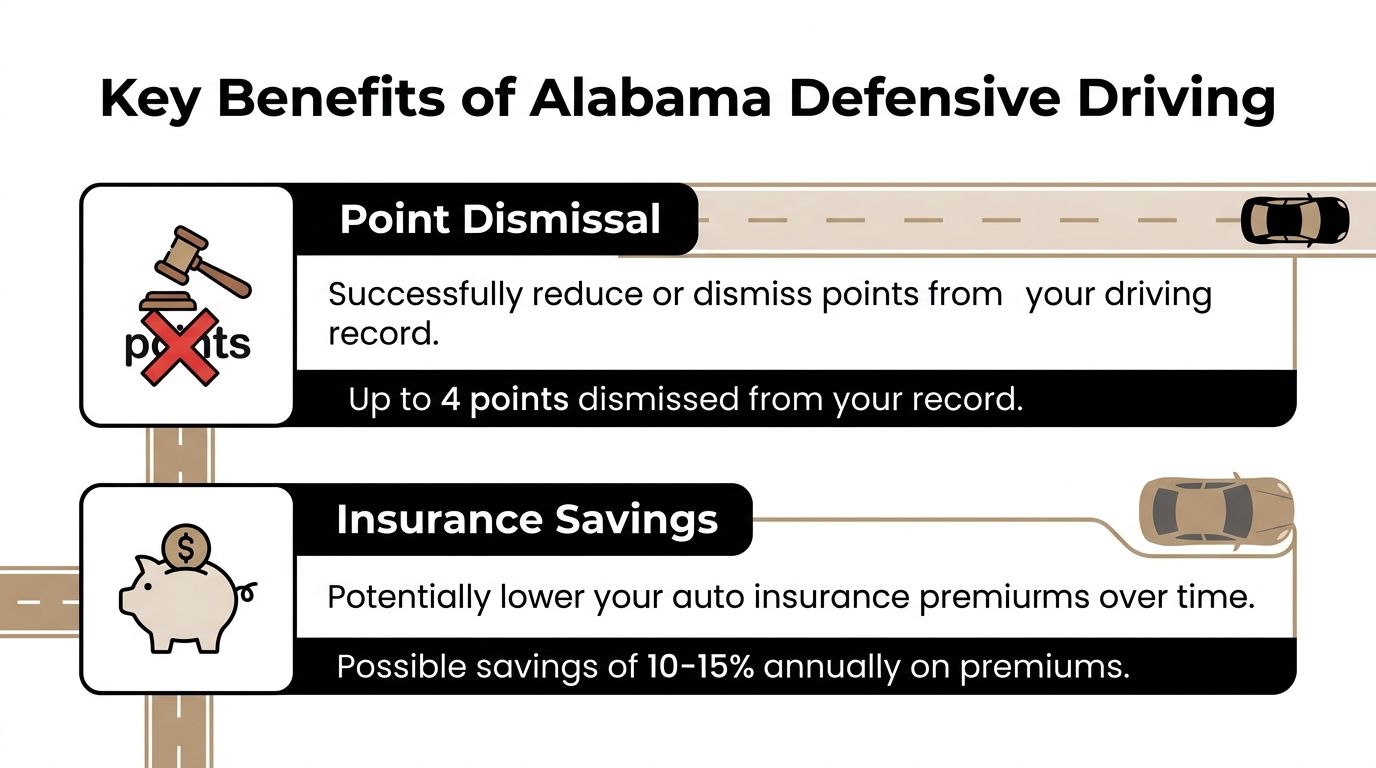 An infographic showing the two main benefits of taking an Alabama defensive driving course: point dismissal and insurance savings.