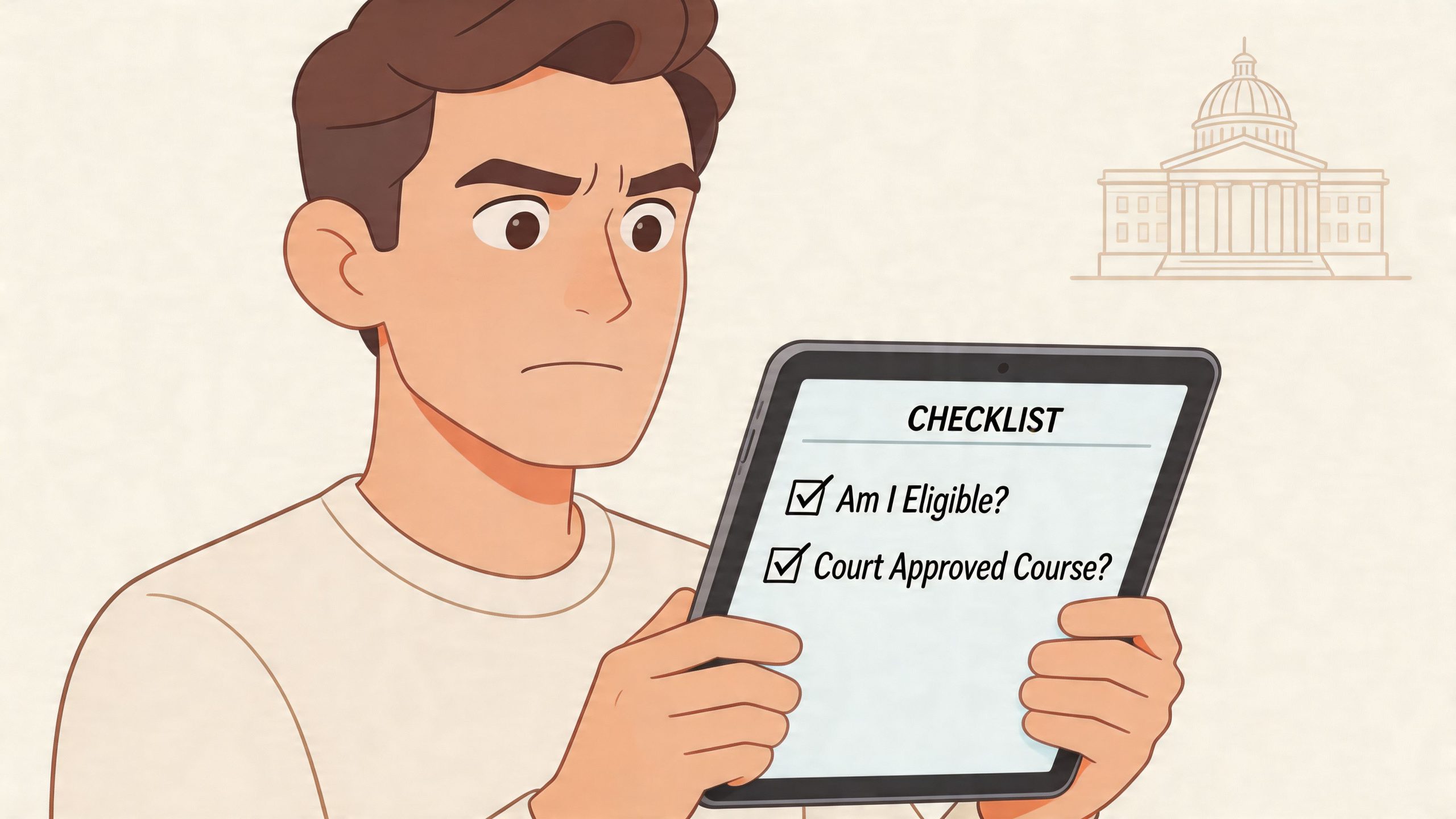 A concerned young man checks off his eligibility and court-approved status on a digital tablet checklist.