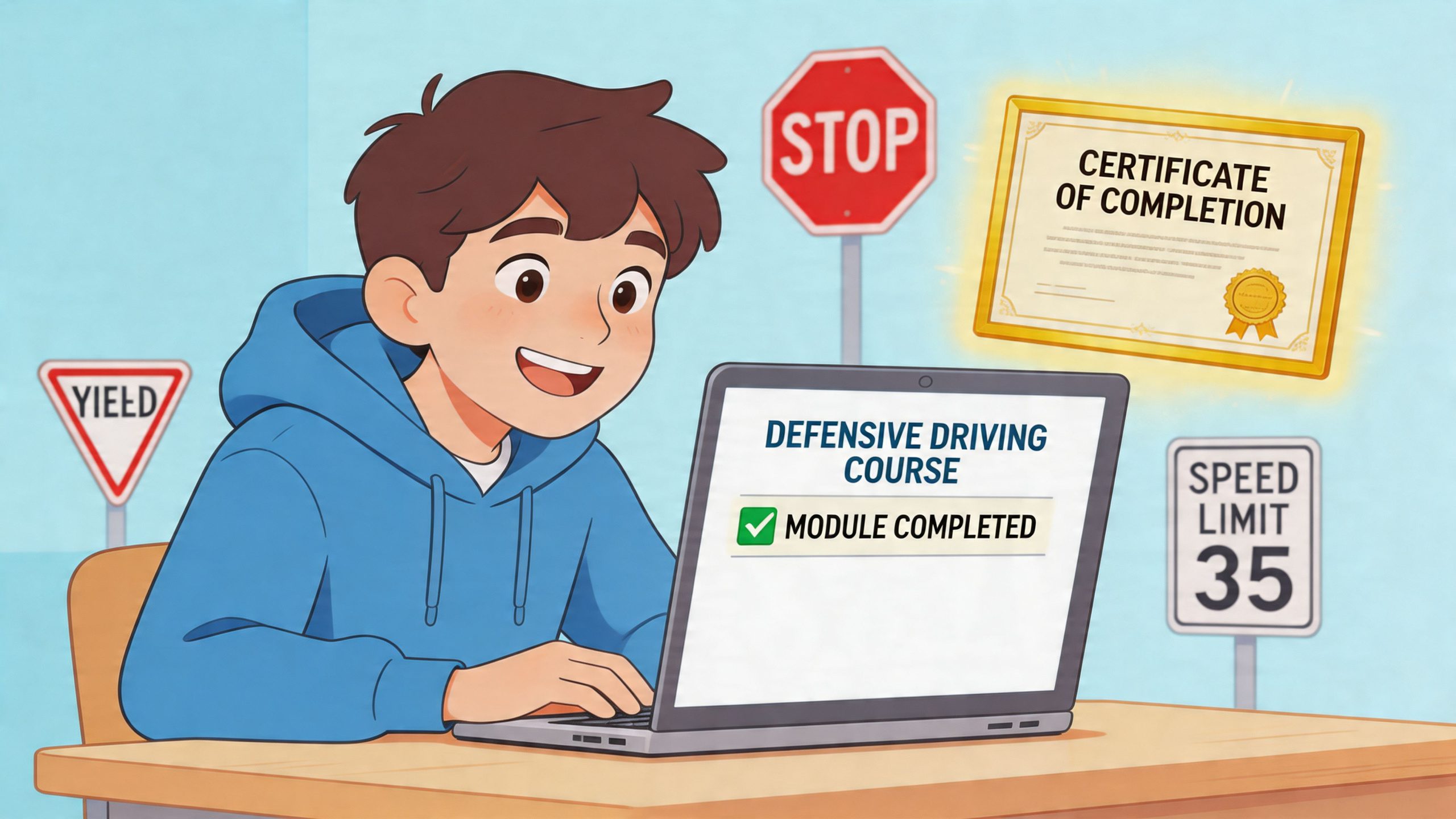 A young student smiling while finishing an online defensive driving course on his laptop at home.
