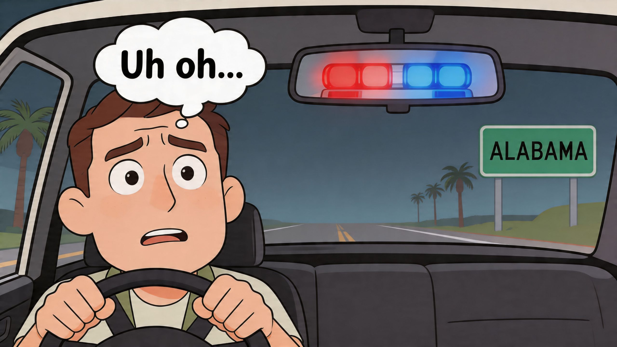 A worried driver looking in the rearview mirror at police lights after crossing into Alabama state.