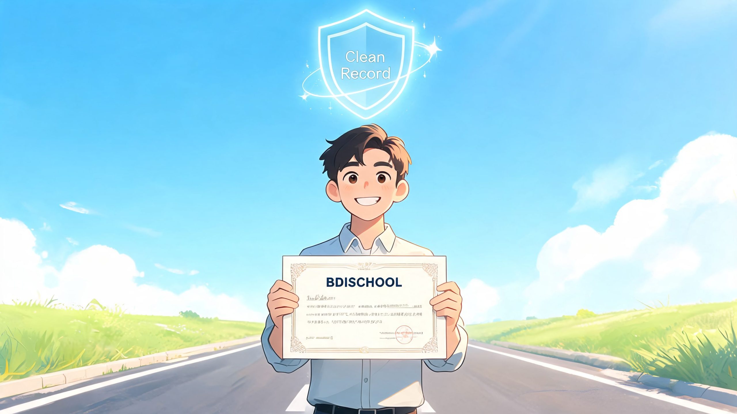 A happy young man holding a certificate that says BDISCHOOL with a glowing Clean Record shield above him.