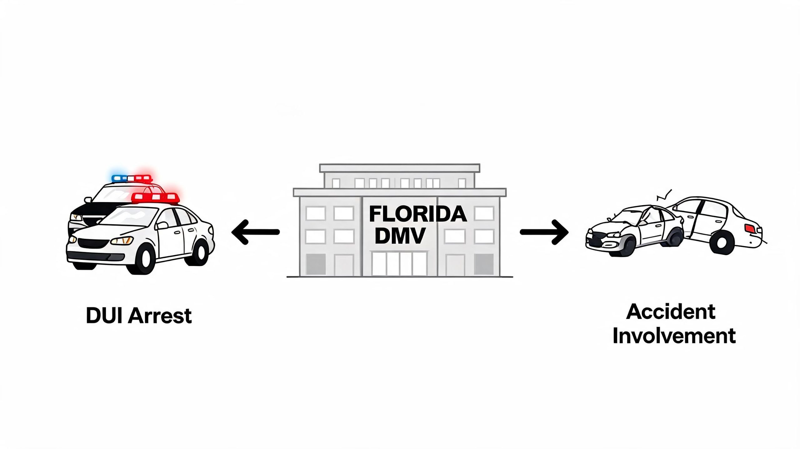 A diagram illustrating the connection between the Florida DMV, a DUI arrest, and involvement in a car accident.