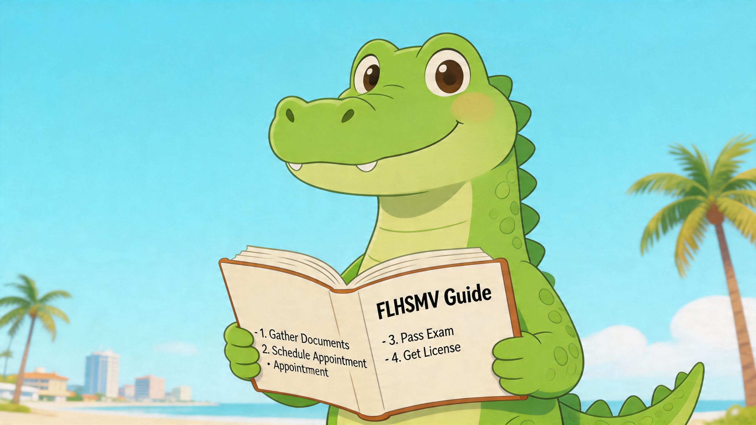 A friendly cartoon alligator reading an FLHSMV guide on how to get a driver license at the beach.
