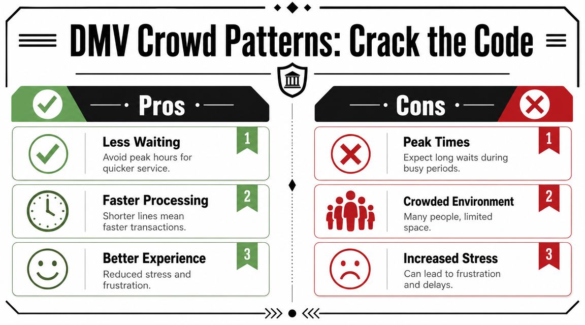 An infographic titled DMV Crowd Patterns showing the pros and cons of visiting at different times.