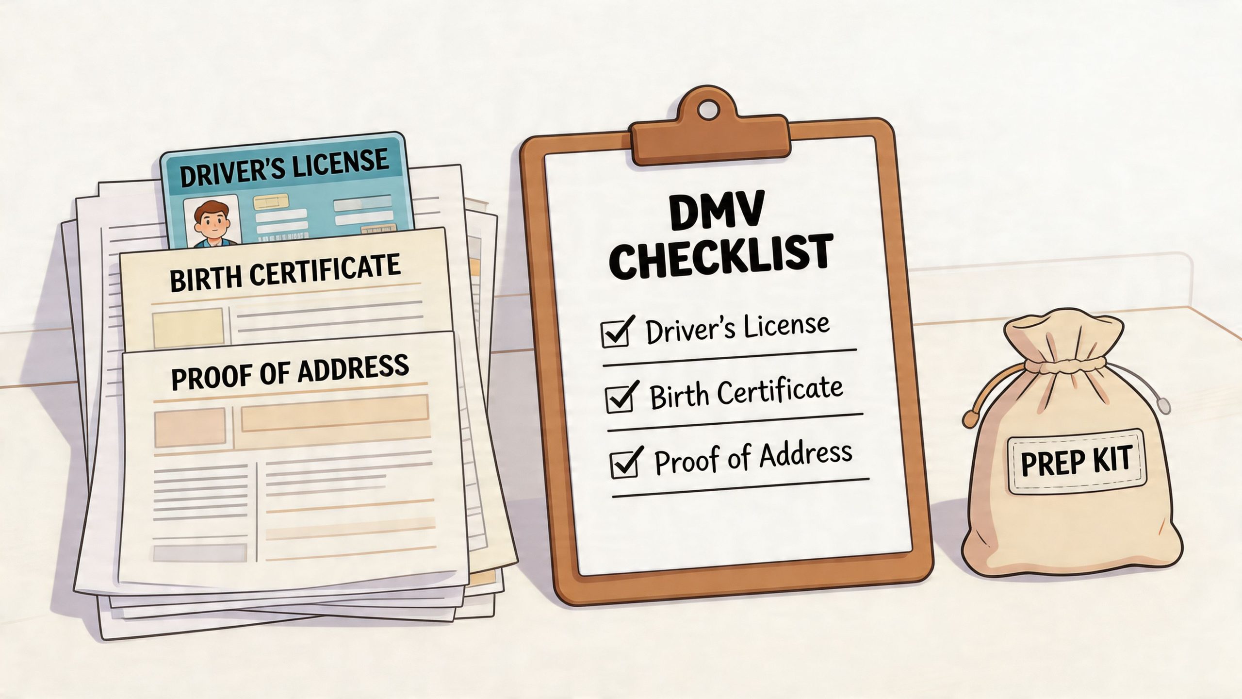 A checklist on a clipboard with a driver's license, birth certificate, and proof of address documents nearby.