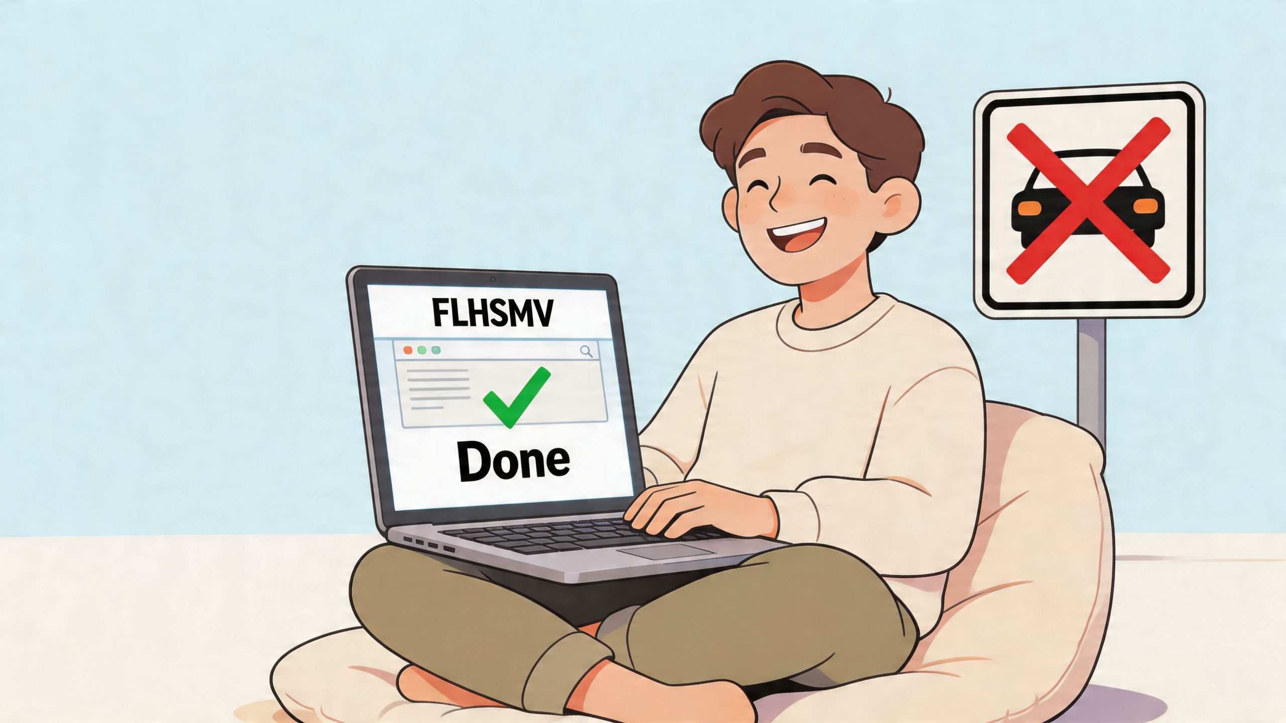 A happy person using a laptop to successfully complete an online transaction for FLHSMV services while sitting.