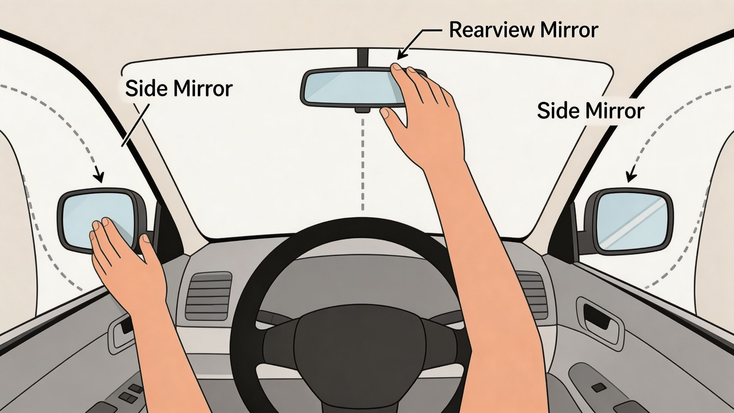 A driver adjusting the rearview and side mirrors in a car to ensure proper visibility while driving.