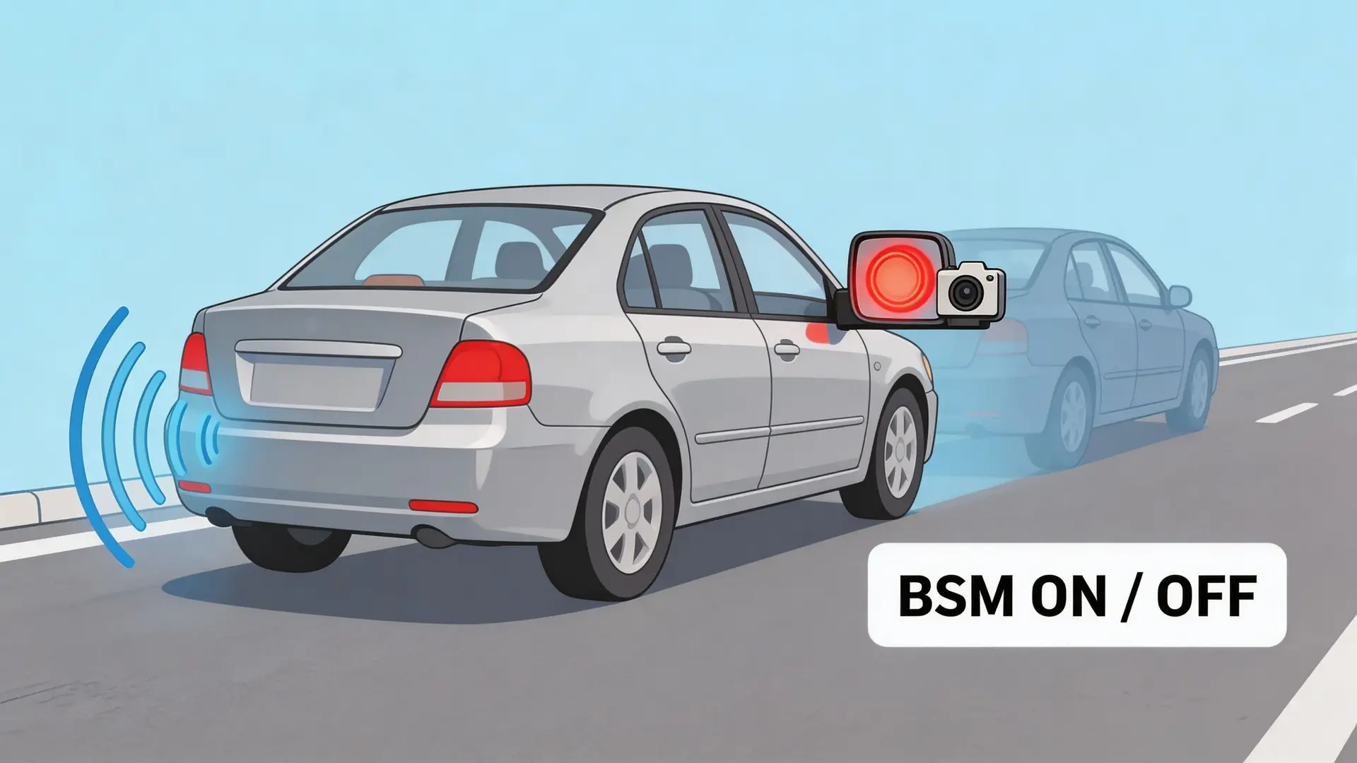 A car diagram illustrating blind spot monitoring system technology with a warning signal on the side mirror.