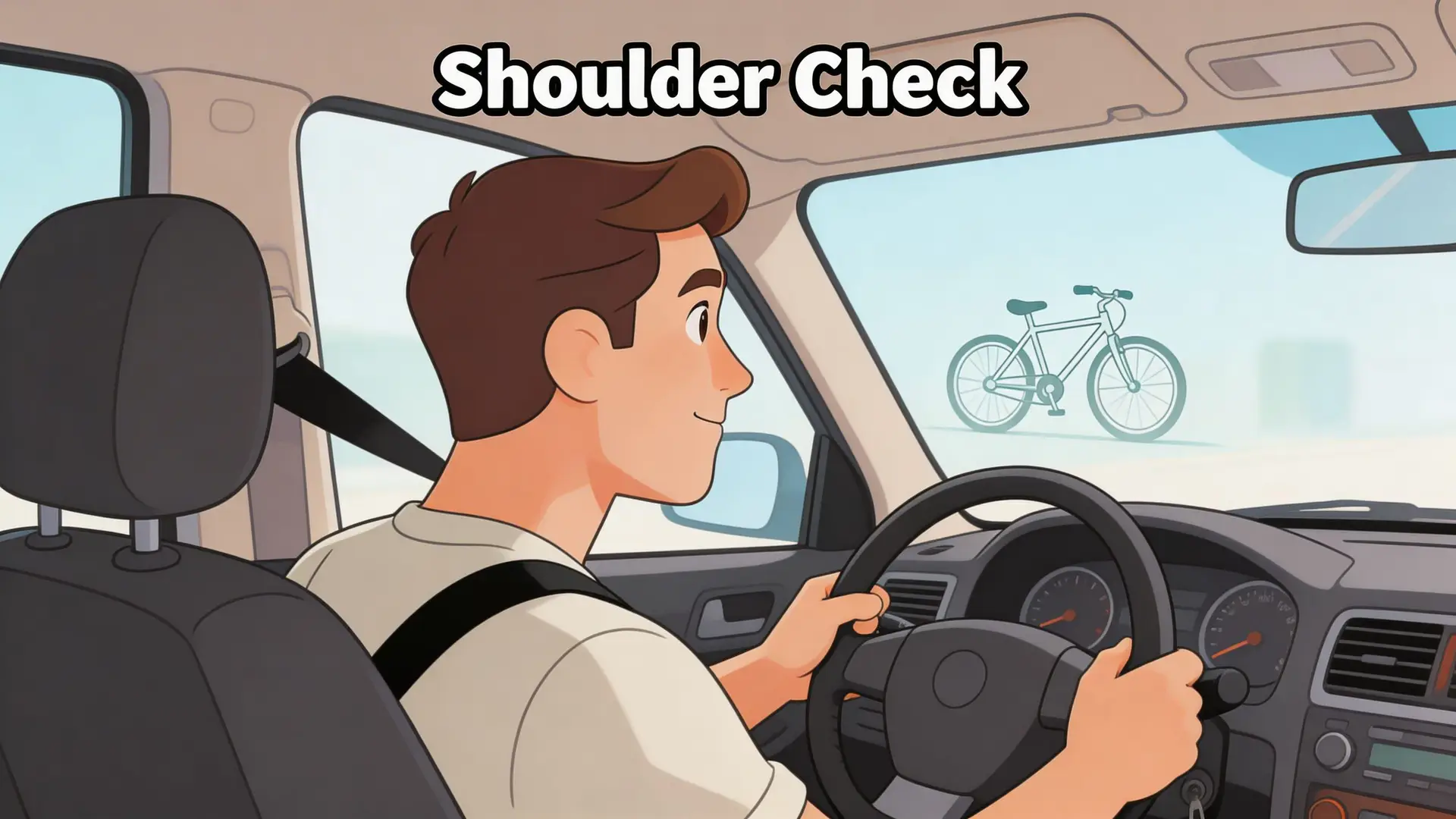 A person driving a car performing a shoulder check to look for a bicycle in blind spots.