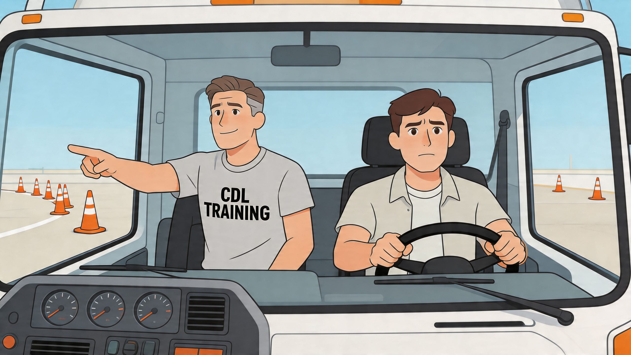 A driving instructor gestures toward orange traffic cones while teaching a student in a truck.