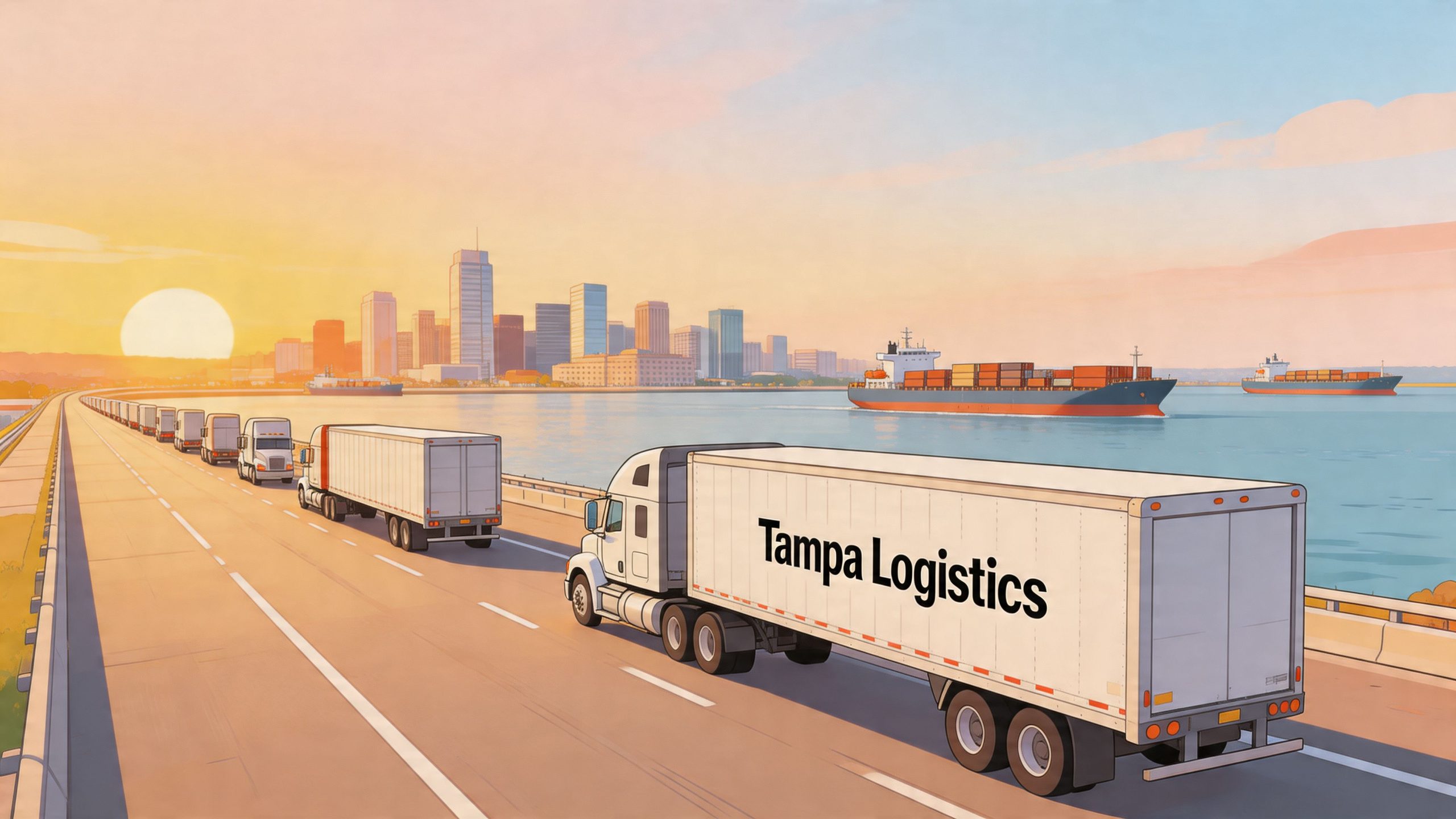 A line of semi-trucks driving on a bridge toward a city skyline at sunset for logistics services.