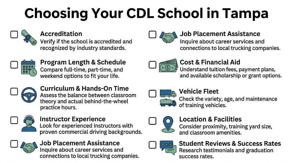 A checklist infographic titled Choosing Your CDL School in Tampa highlighting key factors for prospective students.