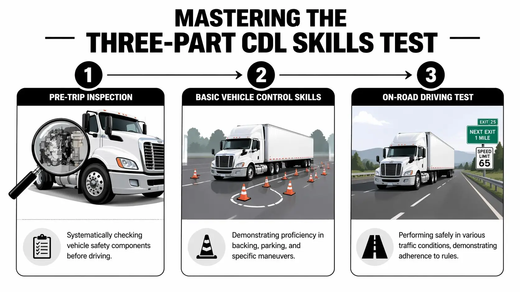 An infographic showing the three parts of a CDL skills test, including pre-trip inspection, vehicle control, and road driving.