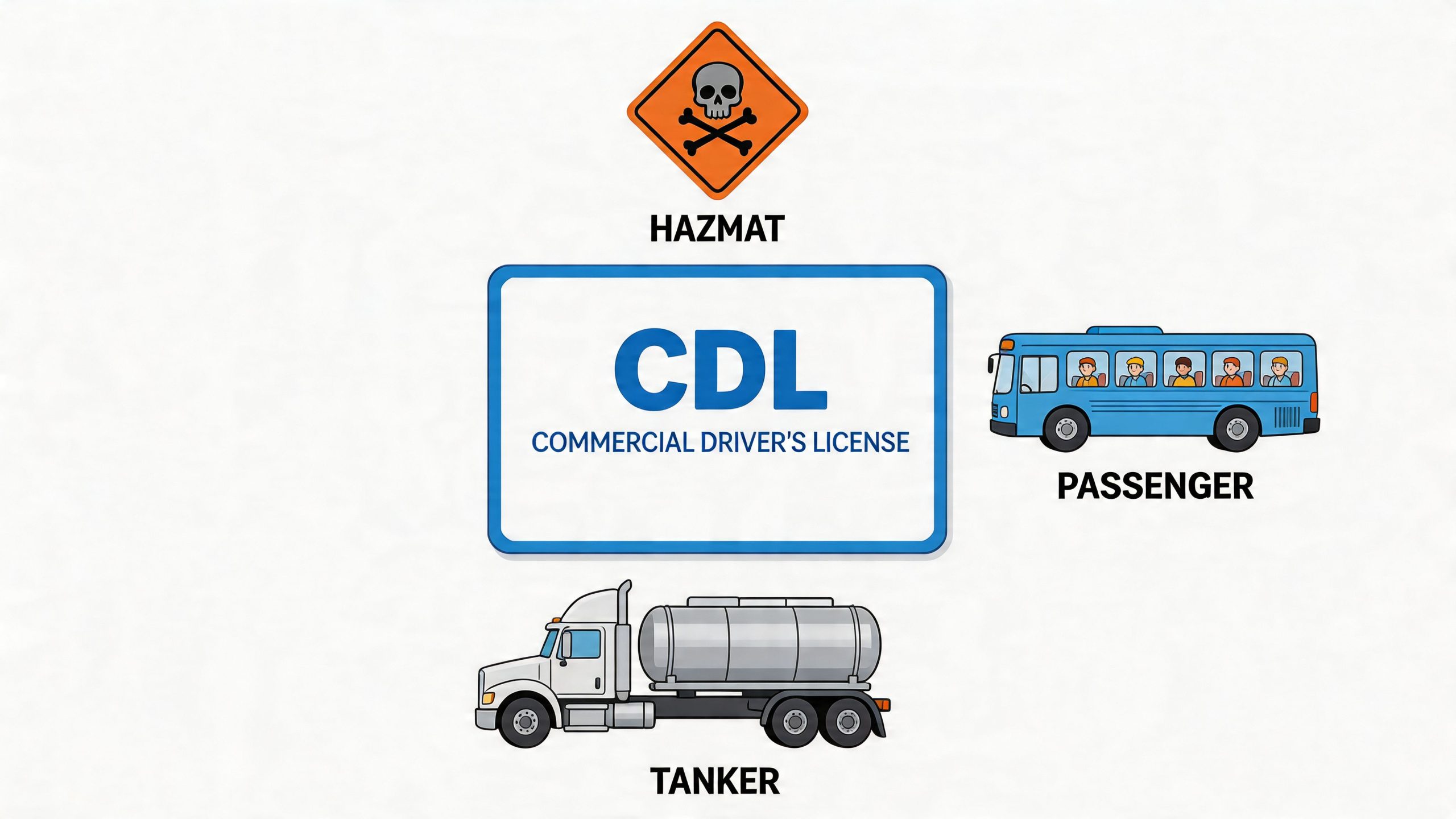 A visual representation of commercial driver license endorsements for hazmat, passenger transport, and tanker vehicle operations.