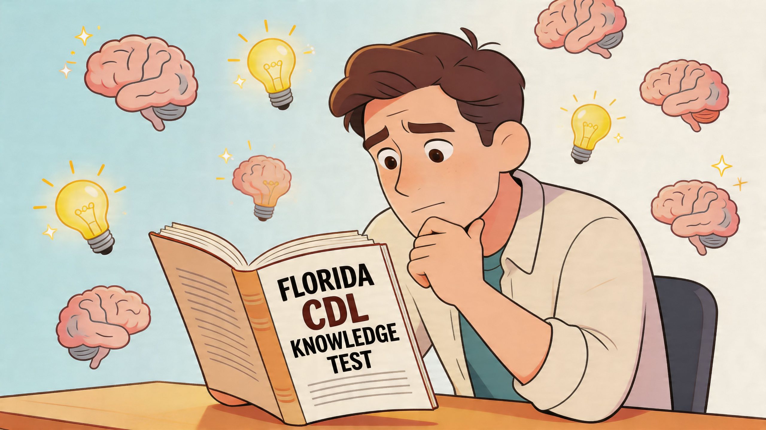 A cartoon man sits at a desk studying from a Florida CDL knowledge test preparation book.