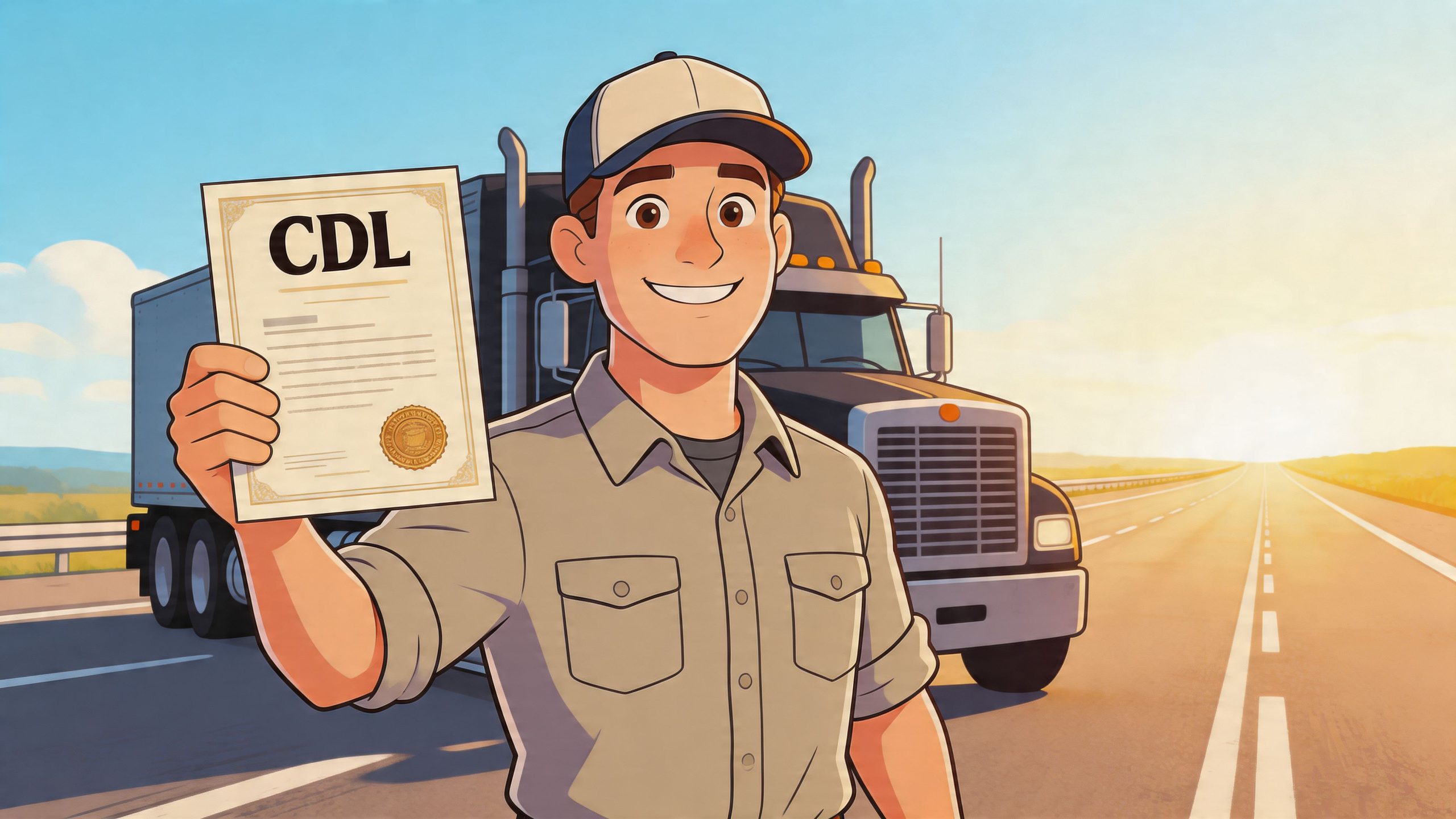 A smiling professional truck driver proudly holds up a Commercial Driver's License certificate in front of a truck.