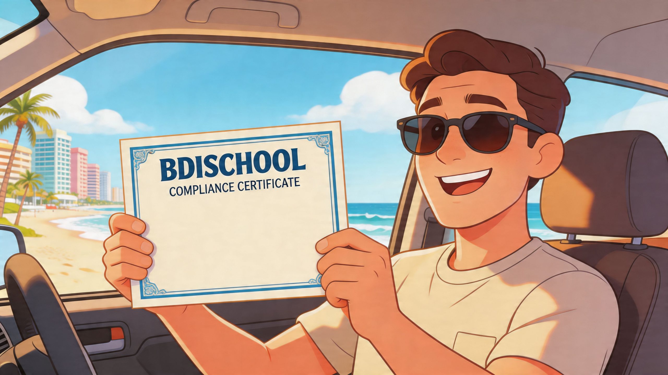 A happy man in a car holding a BDISCHOOL compliance certificate, symbolizing completion of driving school.