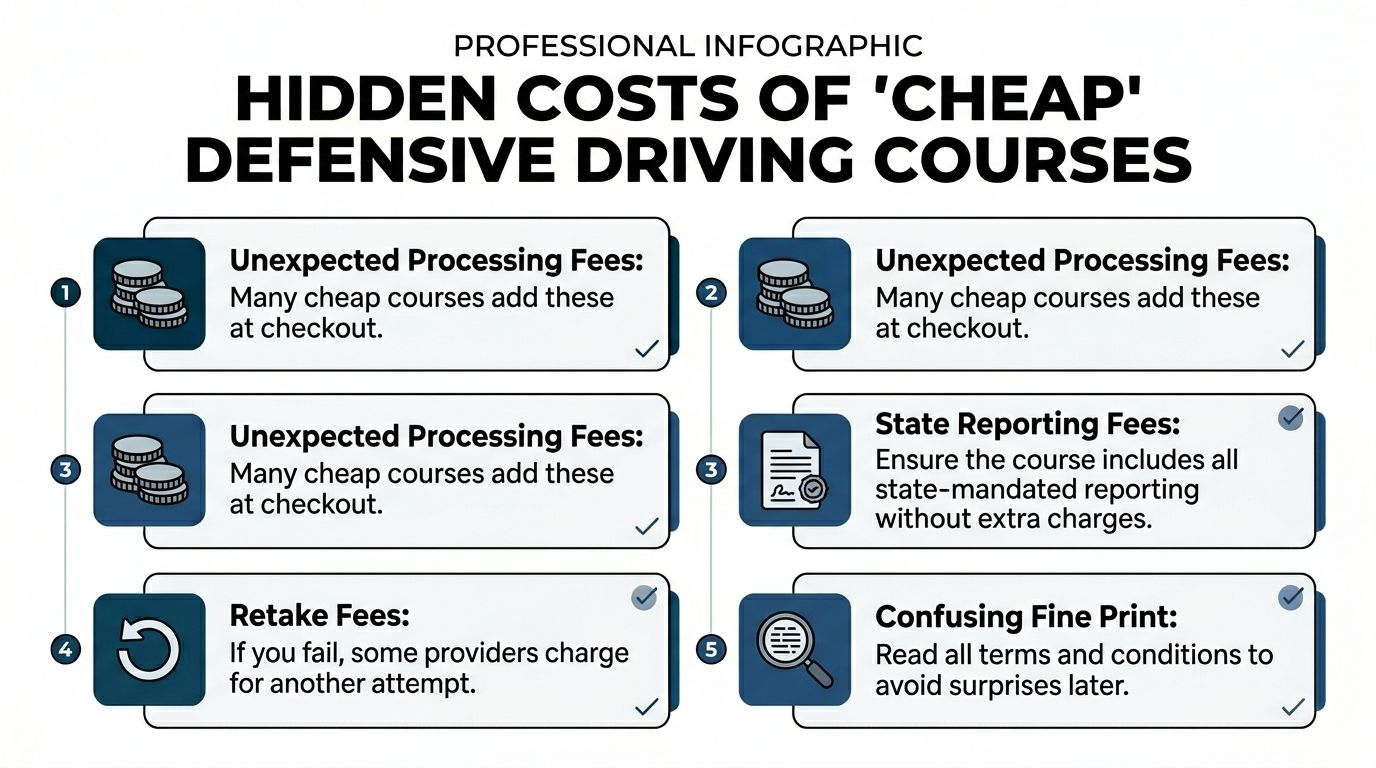 An infographic detailing hidden costs to watch out for when selecting a cheap defensive driving course.