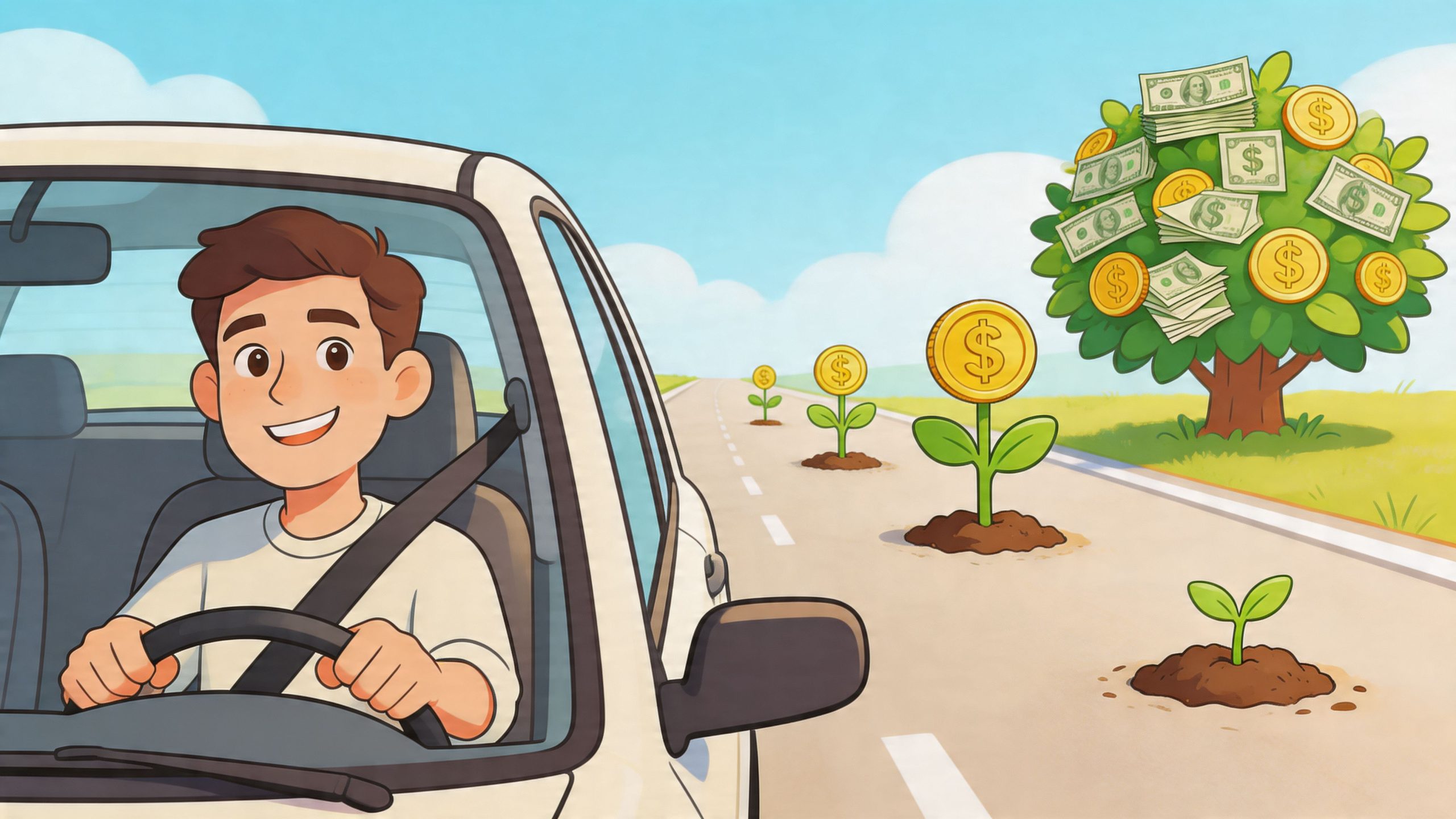 A happy young man driving his car past a road lined with growing money trees and coins.