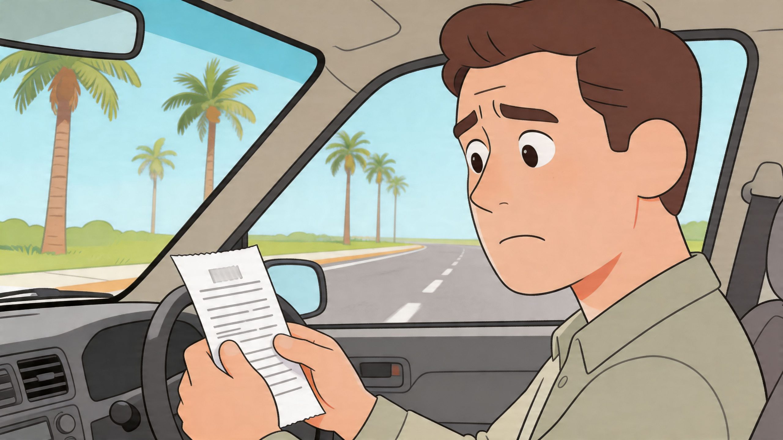 A worried man sitting in his car while holding and looking at a printed document or receipt.