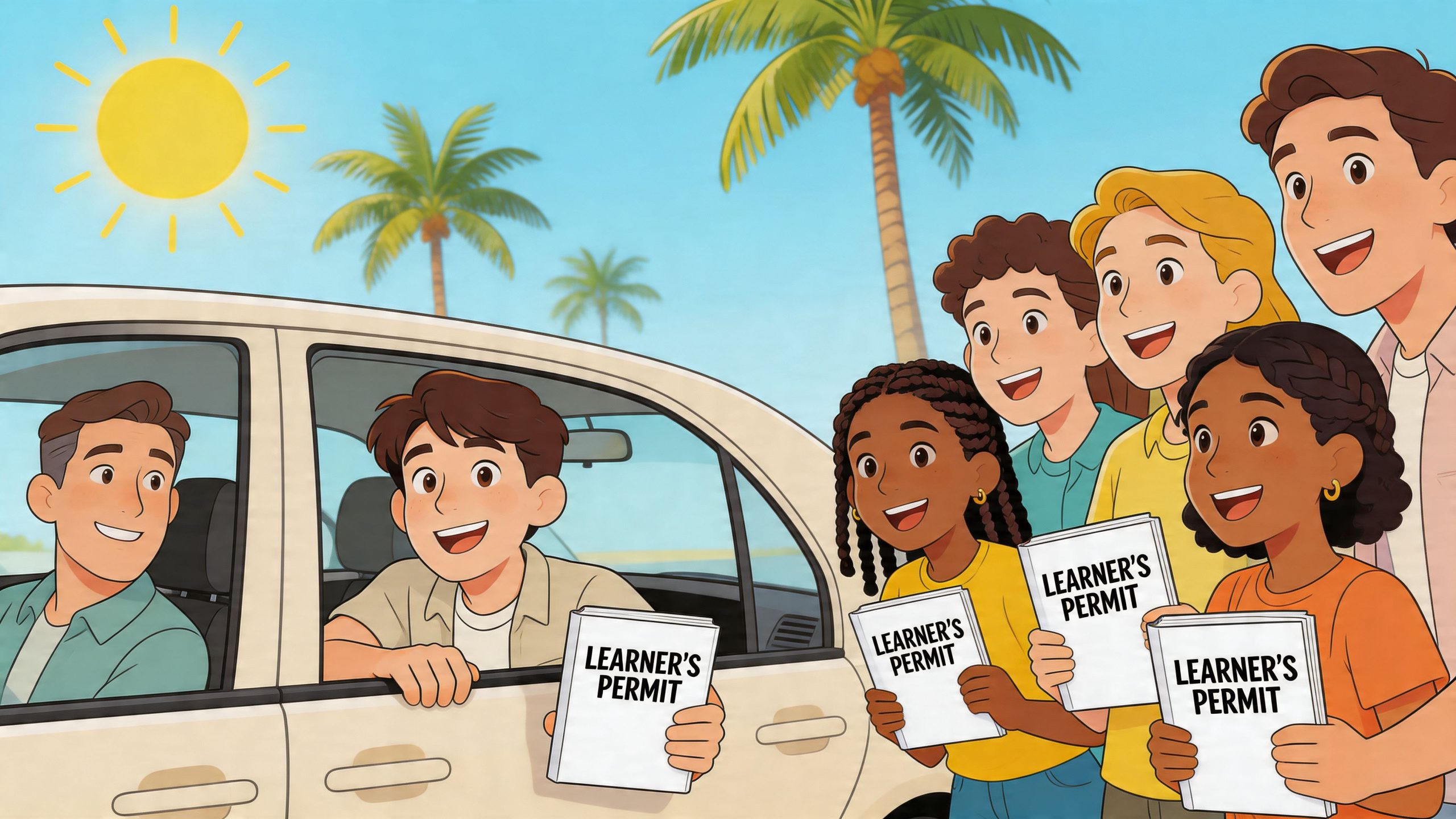 A group of diverse, happy teenagers standing outside a car holding their new learner's permits.