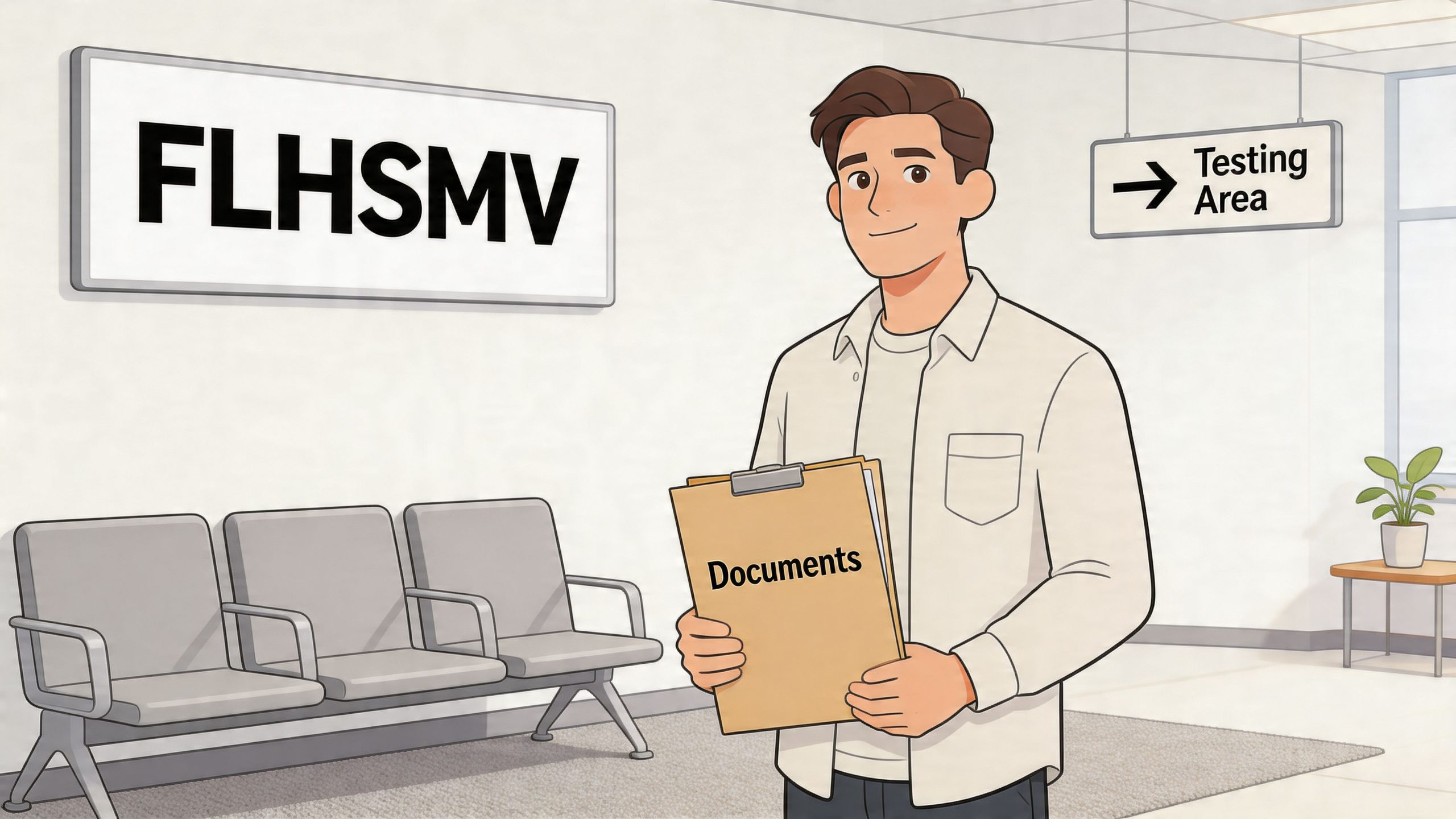 A young man holding a folder labeled Documents in a government office building with testing area signage.