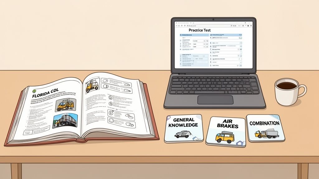 A desk with a Florida CDL textbook, laptop displaying a practice test, coffee, and CDL topic coasters.