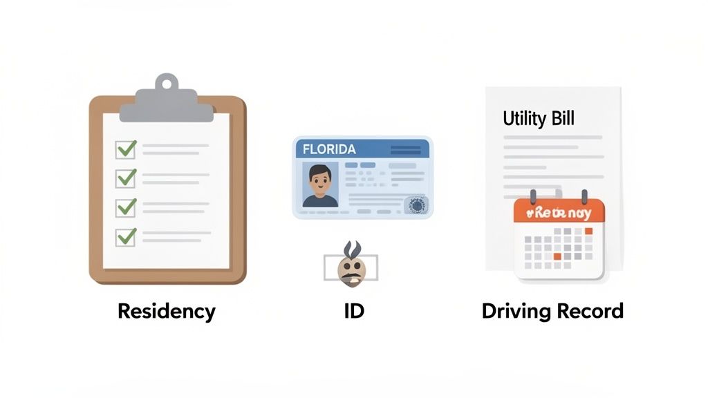 Visual representation of documents including a residency checklist, a Florida ID card, and a utility bill for driving record.
