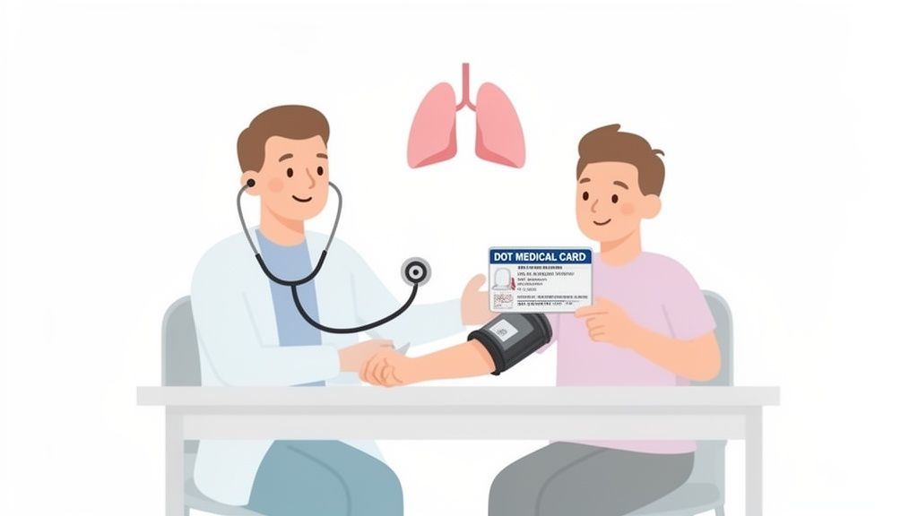 A doctor in a white coat checks a patient's blood pressure, while the patient holds a DOT Medical Card. Lungs are visible in the background.