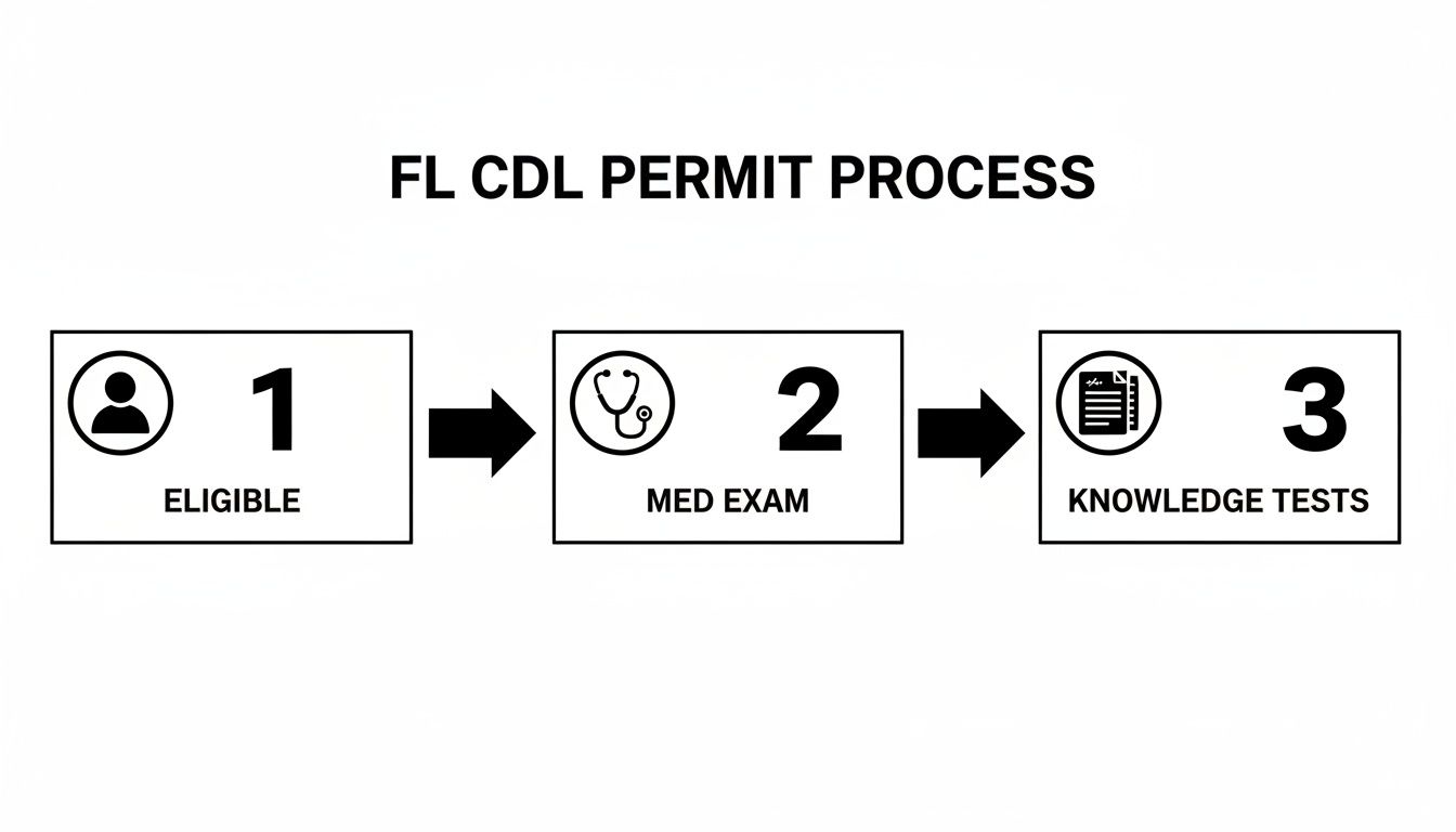 Flowchart of the Florida CDL permit process, detailing steps: eligibility, med exam, and knowledge tests.