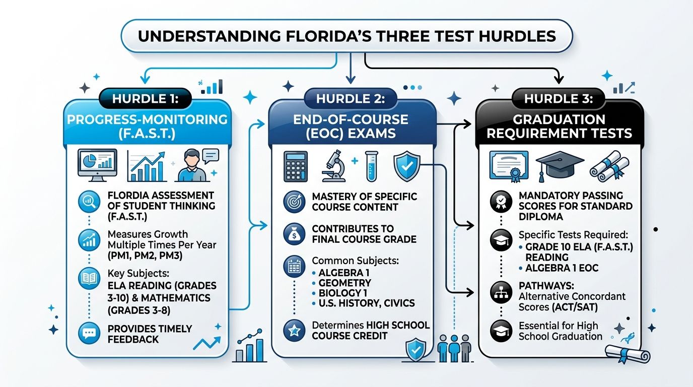 An infographic titled Understanding Florida's Three Test Hurdles detailing Florida's F.A.S.T. monitoring, EOC exams, and graduation requirements.