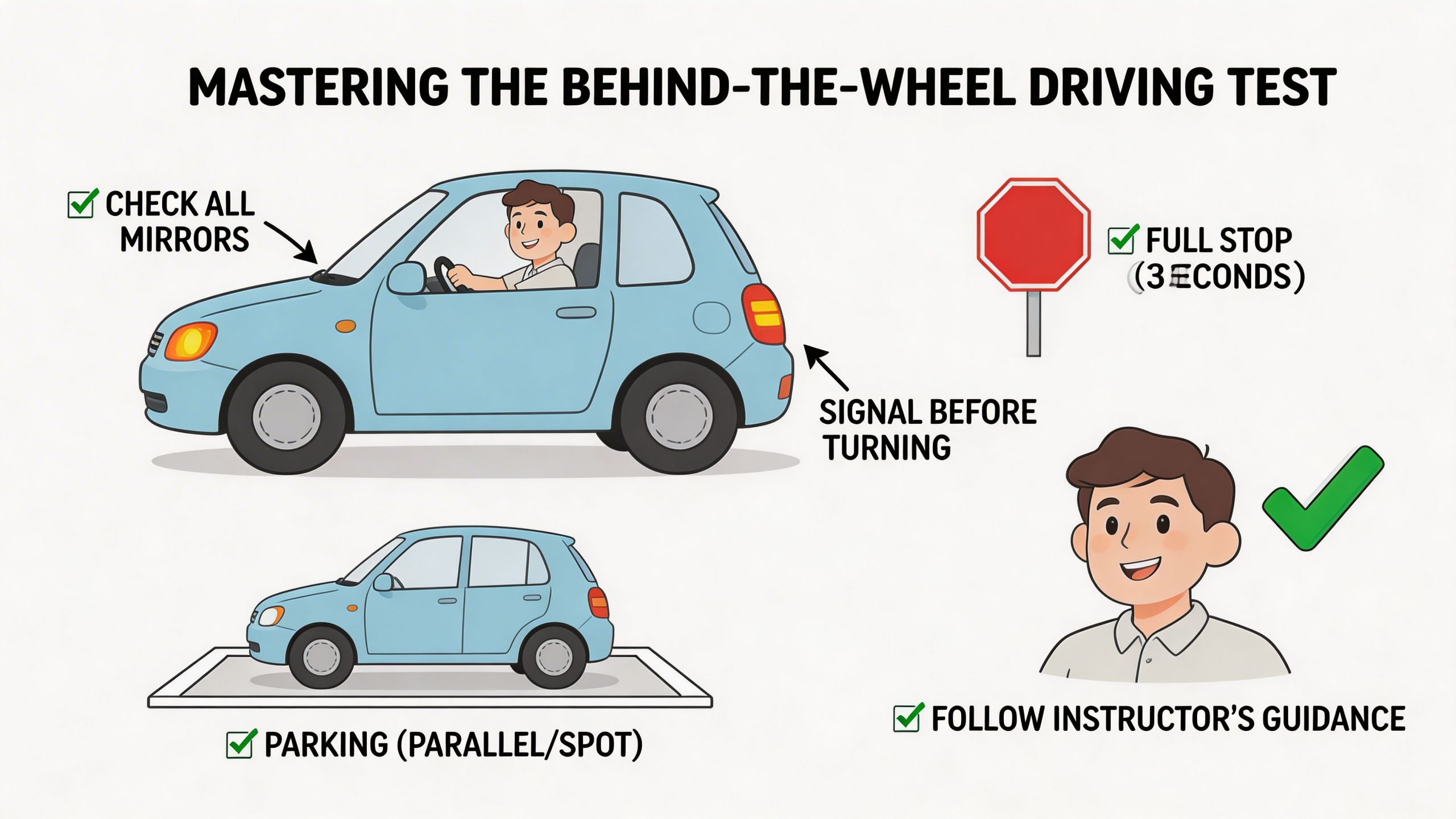 An infographic illustrating essential tips for mastering the behind-the-wheel driving test with safety and instructional reminders.